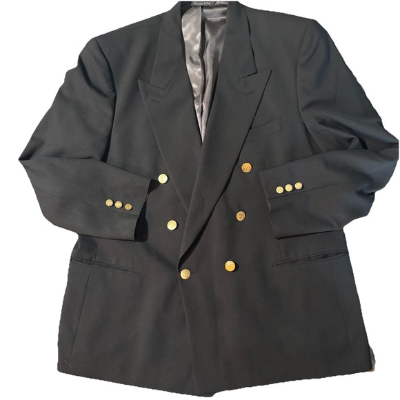 Vintage Christian Dior Monsieur Black Double Breasted Gold Button Blazer 46R
